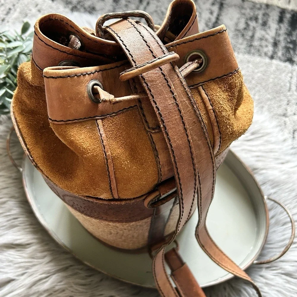 Vintage French Leather Trimmed Wicker‎ Bucket Bag Backpack